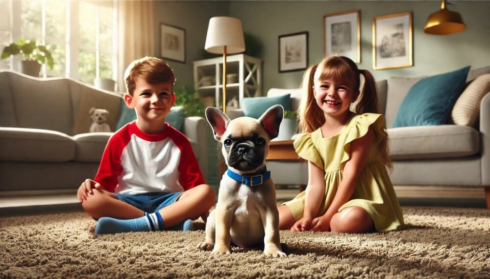 French Bulldog puppy sitting with two kids indoors