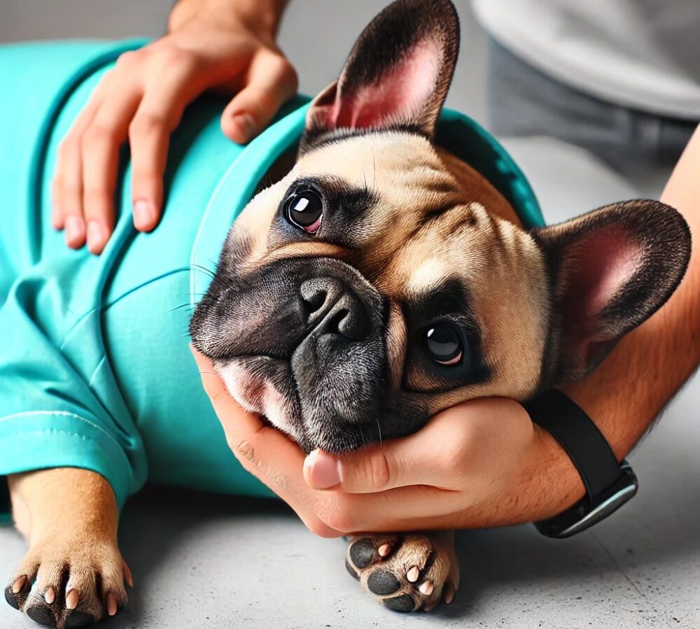 French Bulldog wearing a turquoise shirt lies on its side on a table